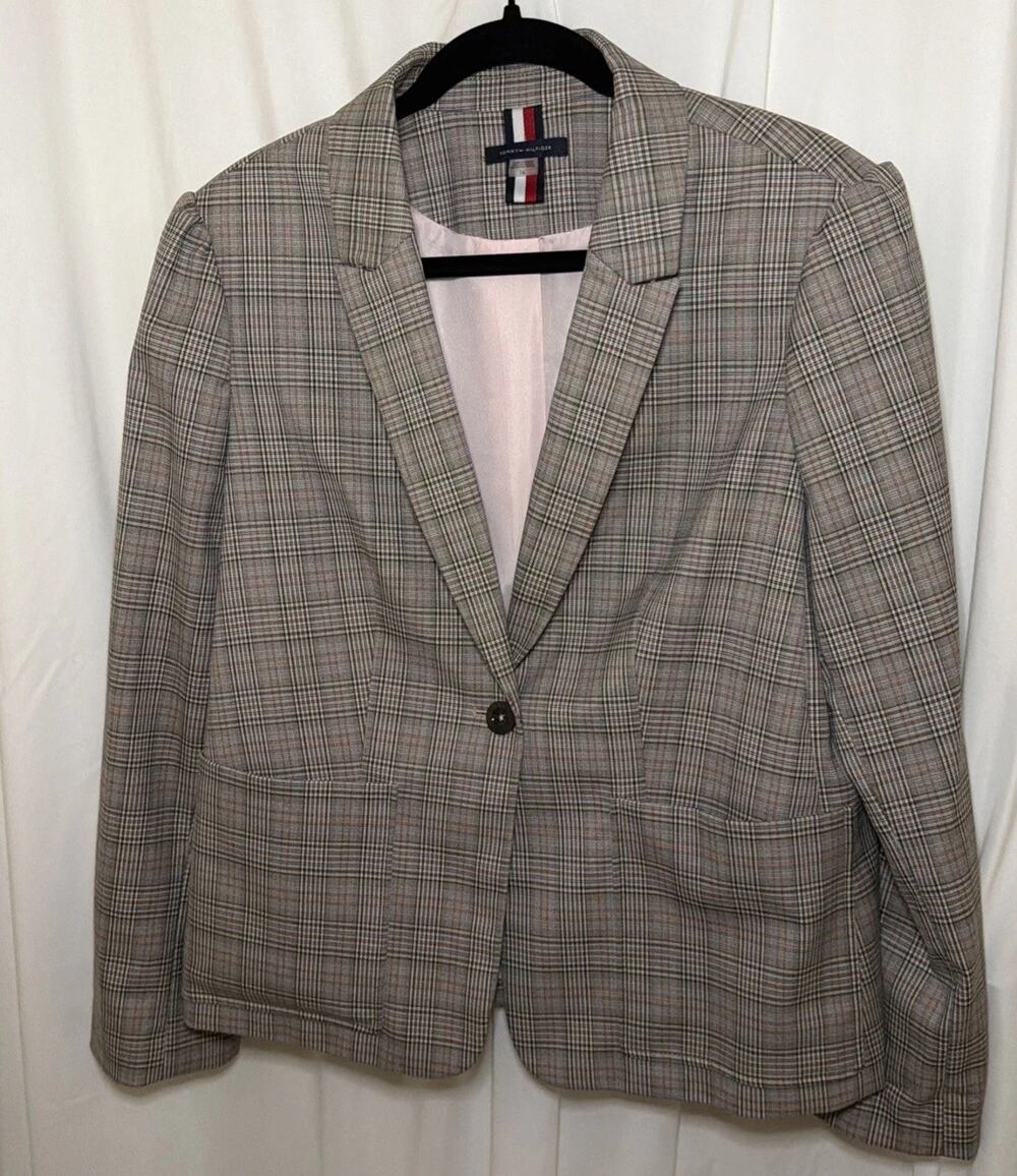 Tommy Hilfiger Womens Pink Glen Plaid Single Button Blazer Jacket Size 16